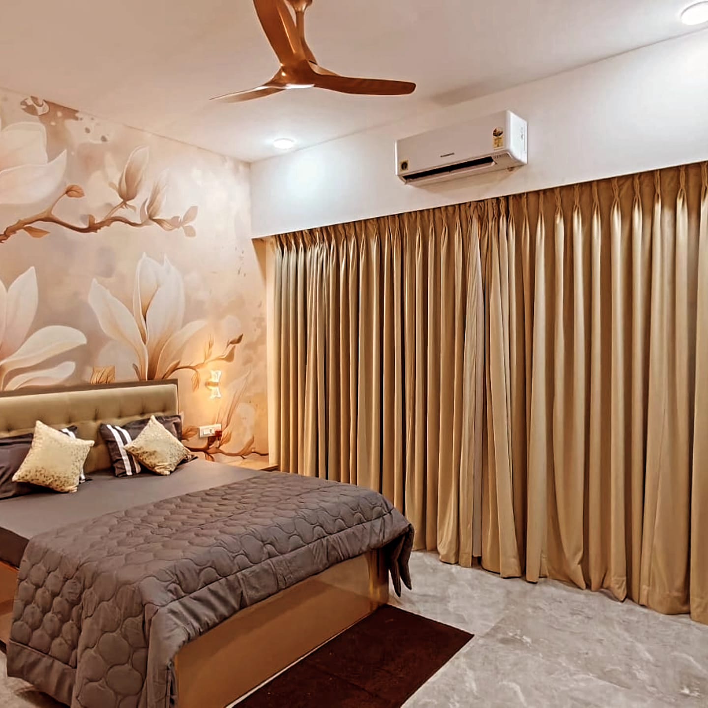 Magnolia mural bedroom with golden drapes